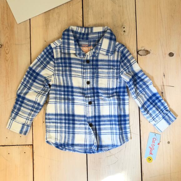 Cat & Jack NWT Toddler Boy Blue White Plaid Flannel Button Down Shirt 2T - Picture 2 of 6
